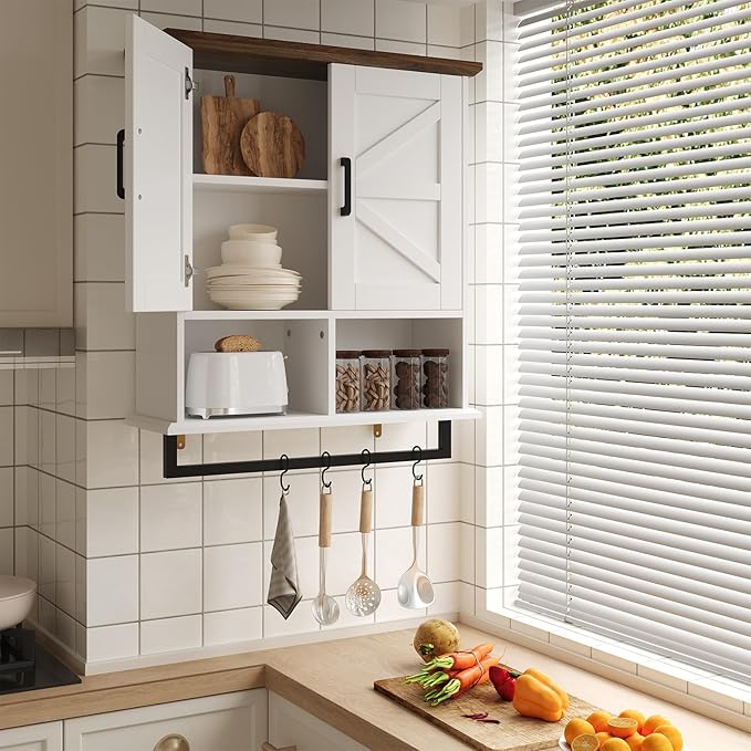 Farmhouse Bathroom Wall Cabinet with Adjustable Shelves & Towel Racks, White Wall Mounted Medicine Cabinet, Over The Toilet Storage Cabinet for Bathroom, Kitchen, Laundry Room