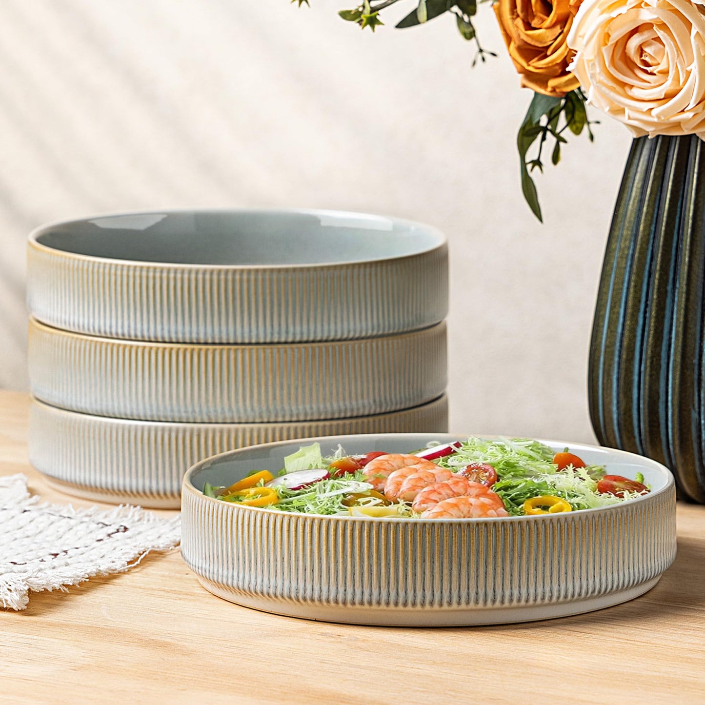 theterra 7.5" Ceramic Pasta Bowls Set of 4, Salad Bowls