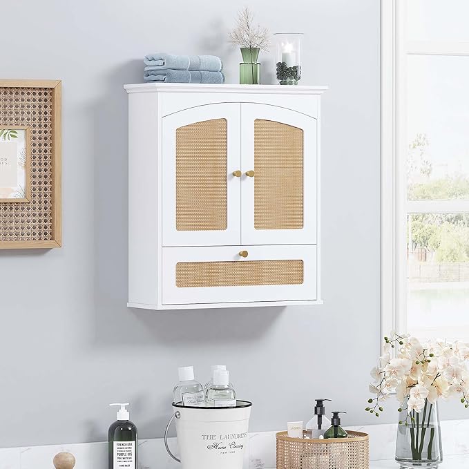 Spirich Bathroom Cabinet Wall Mount, Boho Medicine Cabinet for Bathroom, Over The Toilet Storage Cabinet with Rattan Doors and Tilt-Out Cube