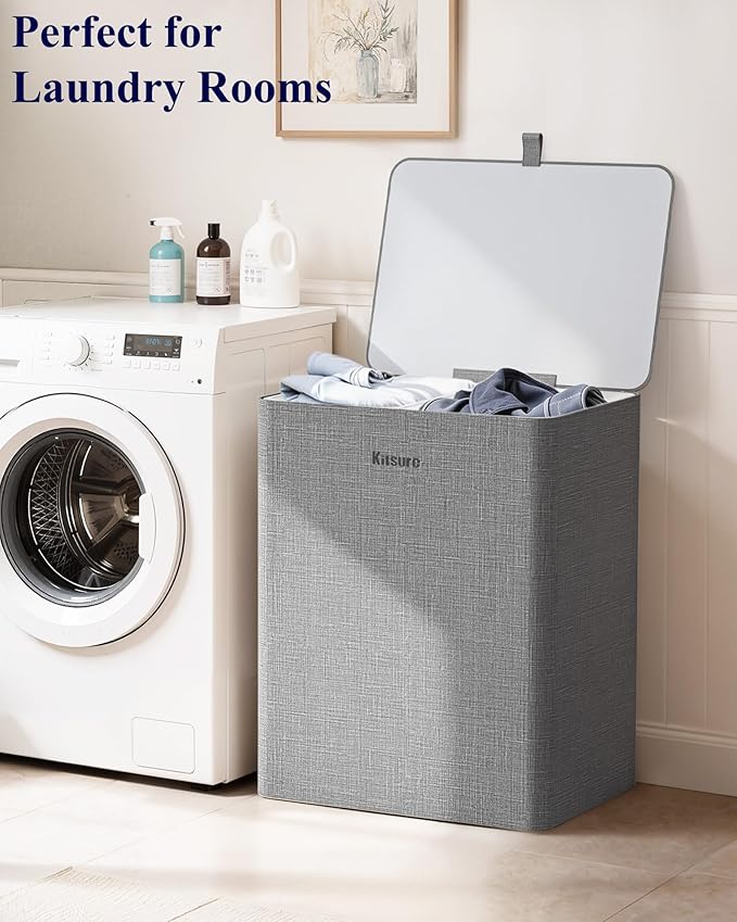 Kitsure Laundry Basket 95L – Large Laundry Hamper with Lid, 2-Compartment Divided Clothes Sorter with Removable Hamper Bags, Gray Organizer for Laundry Room, Bathroom & Bedroom, 22.2" x 16" x 27.4"