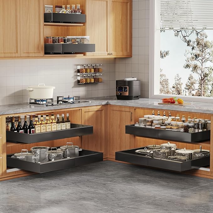 2 Pack Expandable Pull Out Cabinet Organizer 21"Deep With Raising Pad for Framed Cabinets,Upgrade 3 Slide Rails Slide Out Drawers,Roll Out Shelves Adhesive,Adjustable Width 15.15"-26.3" Black