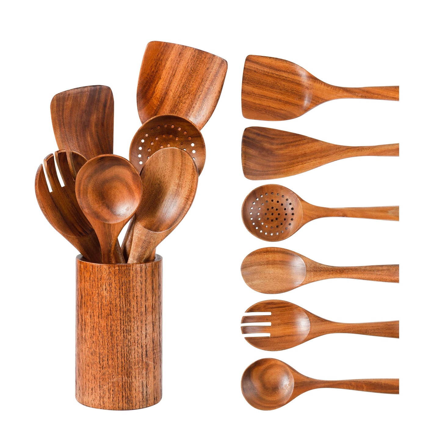 10PCS Teak Wooden Utensils Set With Holder & Spoon Rest, Stainless Handle