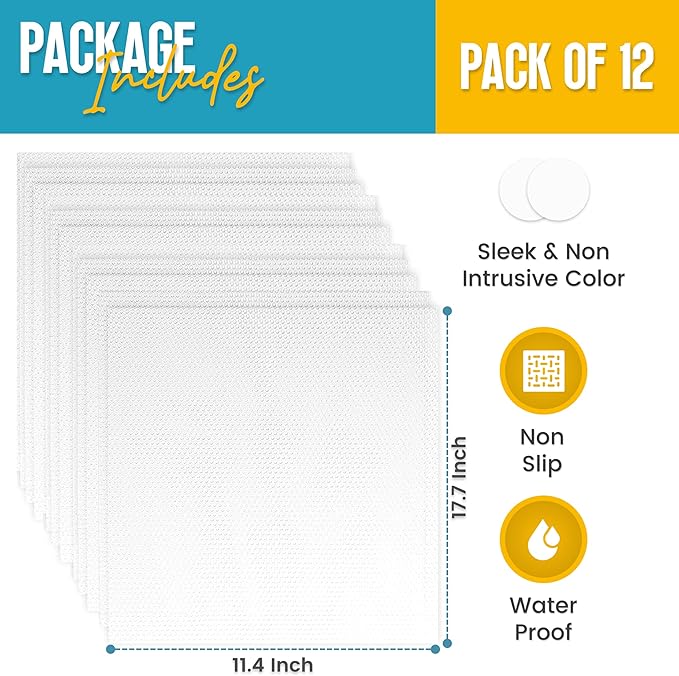 Refrigerator Liners for Shelves (12 Pack) by Linda’s Essentials - Non-Adhesive Shelf or Drawer Liner, BPA-Free Fridge Mats for Kitchen & Cabinets, Easy to Clean, Ideal Household Essentials (Clear)