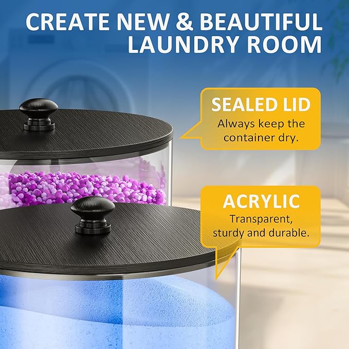 3 Pack Laundry Pods Container, Clear Laundry Room Organization Containers,Large Acrylic Detergent Powder Storage Containers Black Wooden Lids & Labels, Dryer Sheet Holder