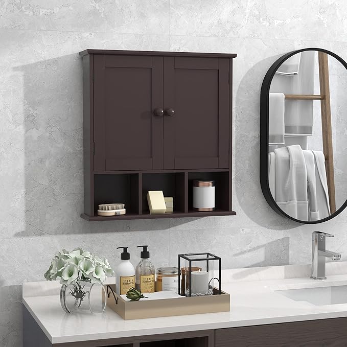 TaoHFE Brown Medicine Cabinets,Bathroom Wall Cabinet with 2 Door Adjustable Shelves,Over The Toilet Storage Cabinet,Espresso Bathroom Cabinet Wall Mounted for Laundry Room Kitchen