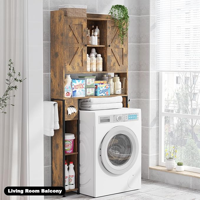 EasyCom Over The Toilet Storage Cabinet with Metal Frame and 7 Storage Shelves, Bathroom Organizer with Adjustable Shelves and Paper Holder, Farmhouse Storage Cabinet for Bathroom,Laundry,Rustic Brown