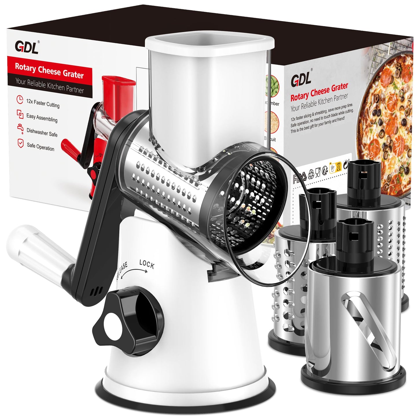 GDL Cheese Grater Hand Crank, Rotary Cheese shredder, Vegetable Slicer