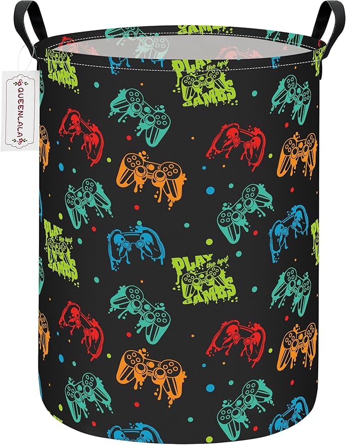 QUEENLALA Large Storage Basket,Laundry Hamper/Bathroom/Home Decor/Collapsible Round Storage Bin,Boys and Girls Hamper/Boxes/Clothing(Round-Black Game)