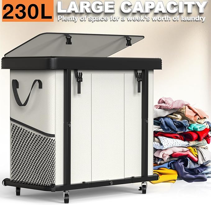 230L (60 Gal) Large Fashion Laundry Basket with Wheels, Leather Patchwork Laundry Sorter 3 Section, Sturdy Metal Frame, Removable Washable Bag, Tall Clothes Sorter for Bedroom - Beige