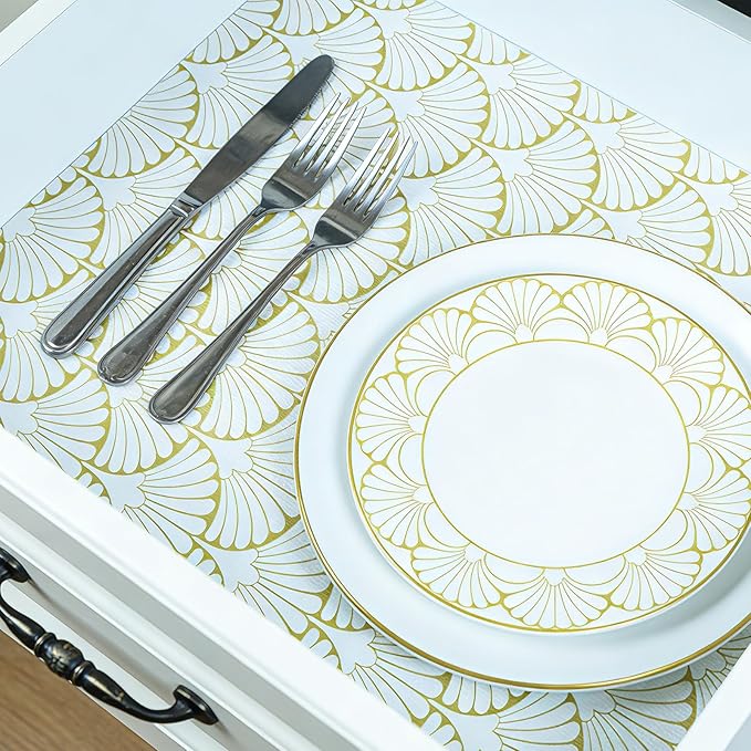 Shelf Liners Non Adhesive Gold Background White Fan-Shaped Pattern - Thickened Non-Slip Easy to Clean Drawer Liner for Kitchen Cabinets, Tool Box,Refrigerator,with Knife & Tape Measure,17in x 20FT.