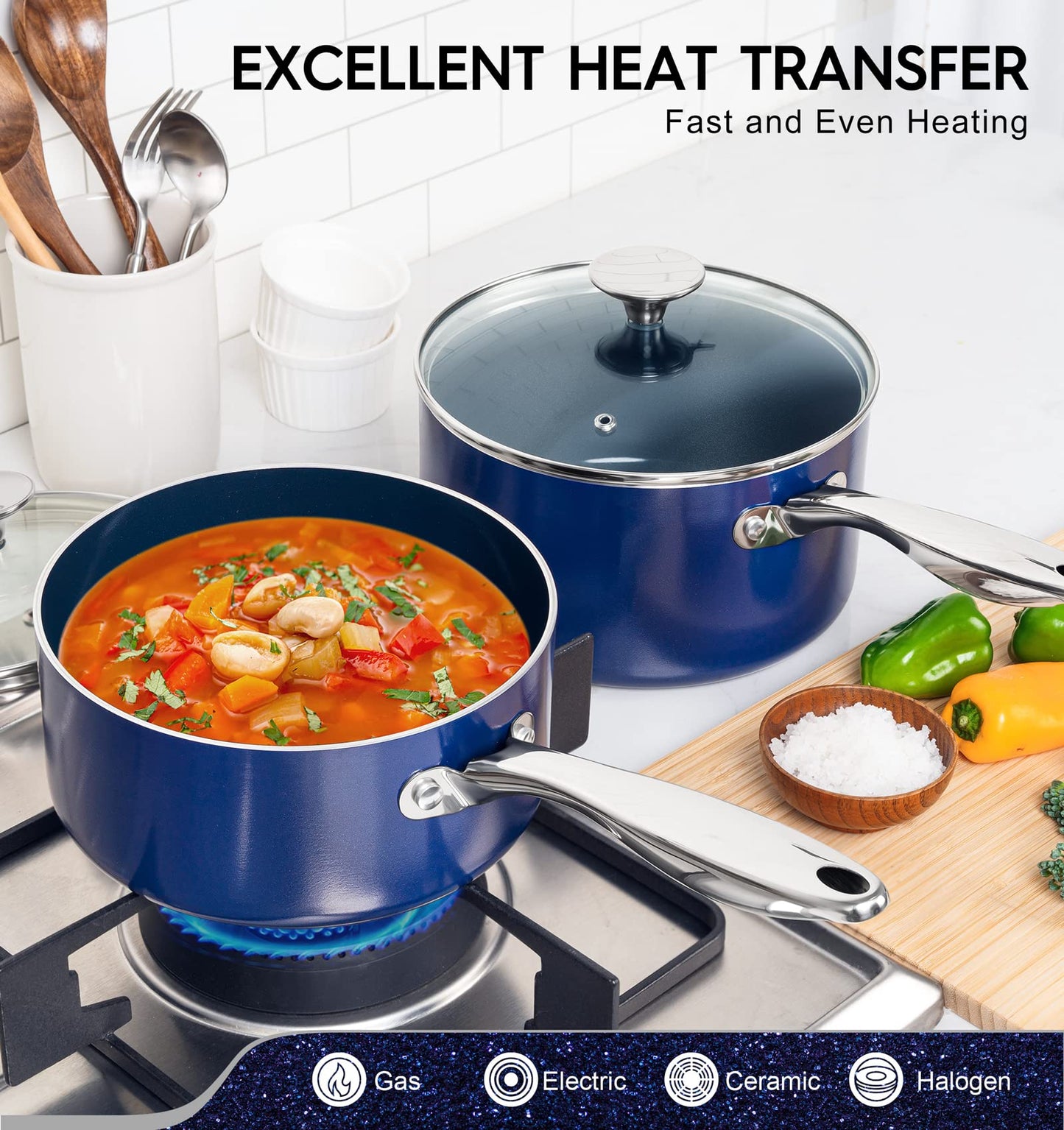 MICHELANGELO Sauce Pan with Lid, Ceramic Saucepan Set, 1.5Qt & 2Qt & 3Qt Sauce Pan Sets, Nonstick Saucepans with Lids, Small Pots with Stainless Steel Handle, Oven Safe, Blue
