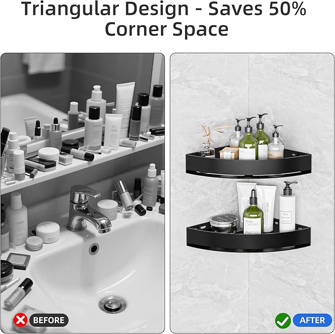 Black Corner Shower Caddy - Rustproof Aluminium Triangle Shower Shelf - No Drill & Drill Installation - 2 Bathroom Shelves Wall Mounted (20LB Capacity/Tier)