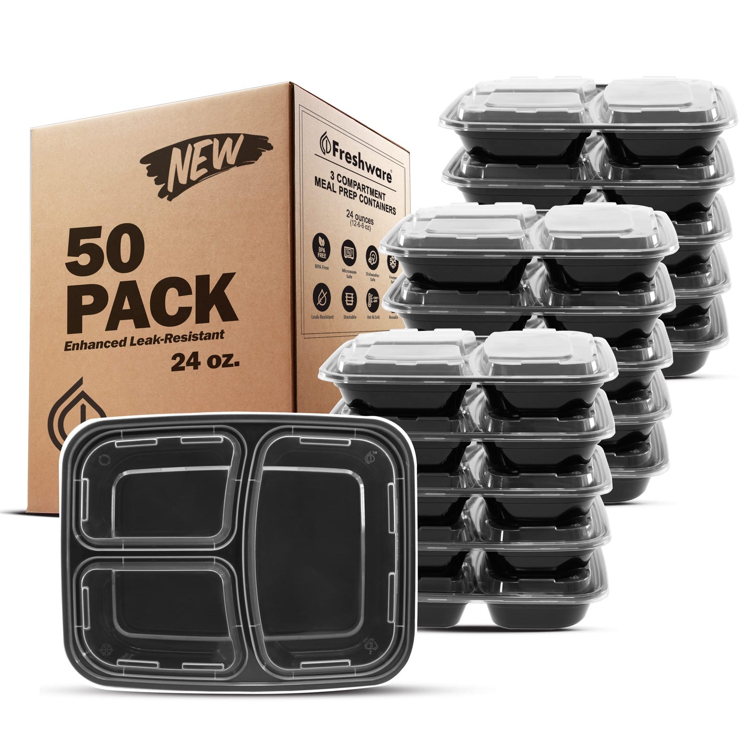 Freshware Meal Prep Containers [150 Pack] 3 Compartment Food Containers with Lids, Bento Box, Stackable, Microwave/Dishwasher Safe (32 oz)