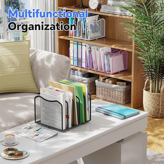 Simple Trending Mesh Desktop File Sorter Organizer, 5-Section Bookshelf for Desk Home Office, White