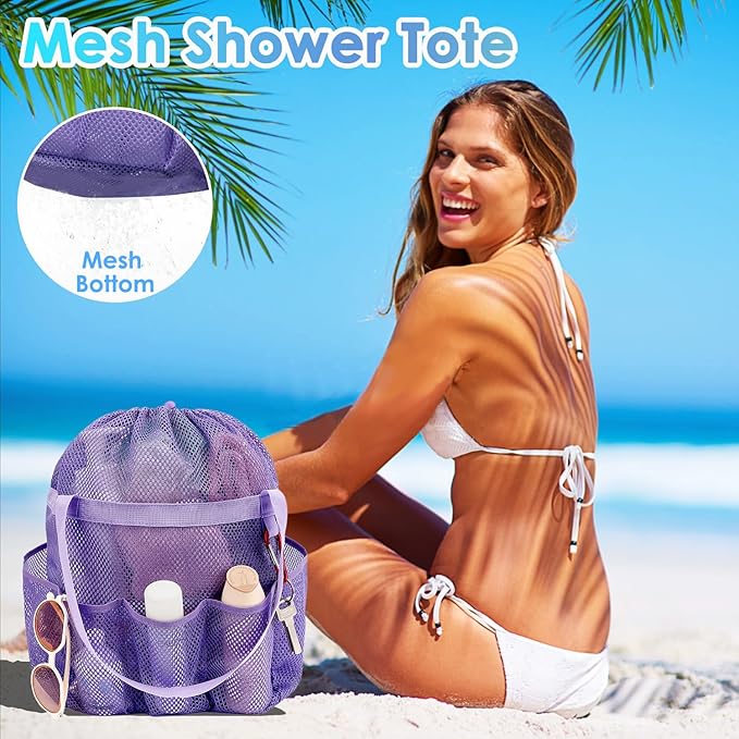 Mesh Shower Caddy Portable with Drawstring, Dorm Room Essentials for College Girls Guys, 8-Pocket Large Shower Bag Basket Tote for Camping Beach Gym Travel Toiletry Bathroom