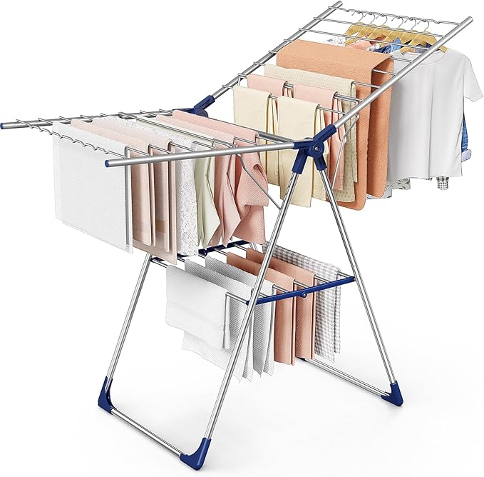 Clothes Drying Rack with Height-Adjustable Wings, Metal Foldable Laundry Dryer Stand for Clothing & Bedding, Free-Standing Collapsible for Indoor & Outdoor Use, 55.5" L × 22.8" W, Silver Blue