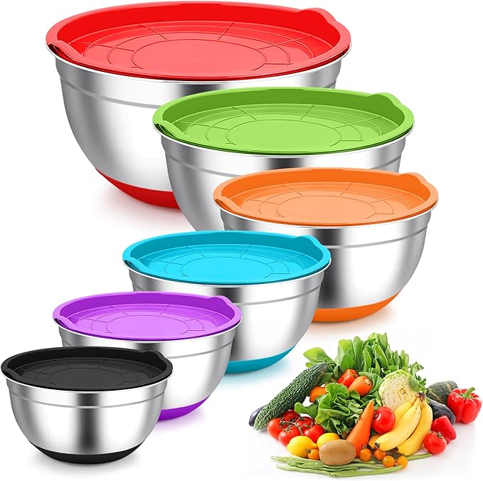 TeamFar Mixing Bowls, Stainless Steel Salad Bowls with Lids - Khaki