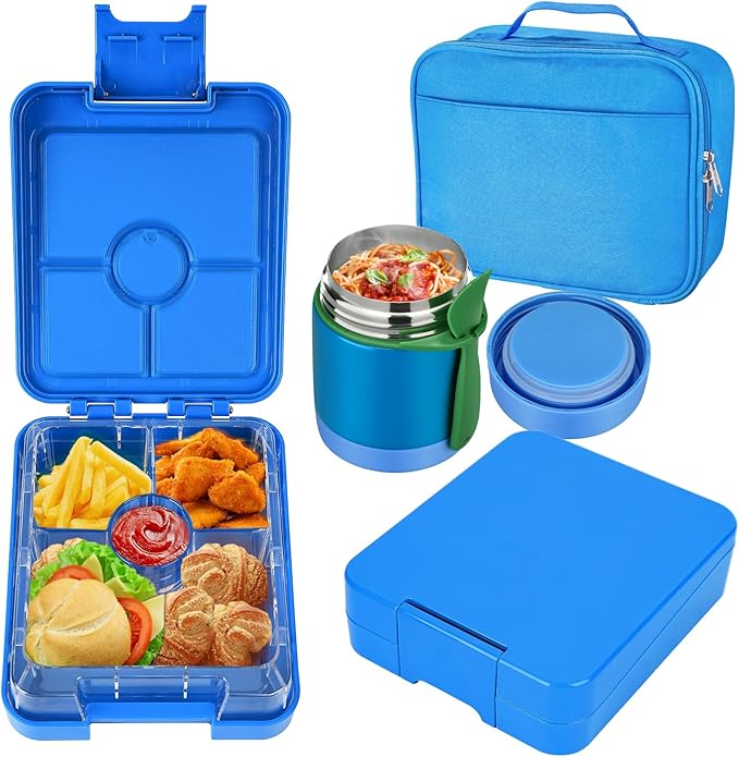 Bento Lunch Box Set for Kids with 10oz Soup Thermo, Leak-Proof Lunch Containers with 4 Compartment, Kids Thermo Hot Food Jar and Insulated Lunch Bag for Kid to School,BPA-Free(Dragon)