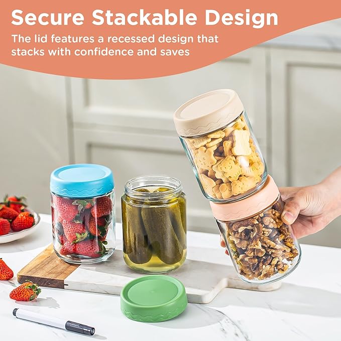 DRKIO 16 Oz Overnight Oats Containers with Lids - 6 Pack Glass Storage Jars with Airtight Lids Wide Mouth Mason Food Jars Great for Meal Prep Salad Chia Pudding Snacks Yogurt Sugar Spice Cereal