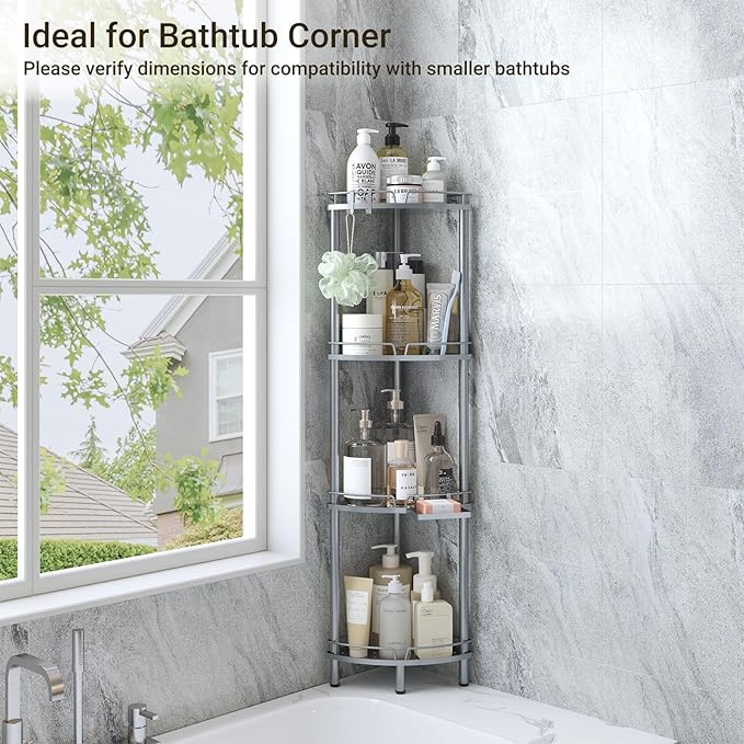 ELYKEN Corner Shower Caddy Standing, 4 Tier Rustproof Metal Shower Organizer with Soap Holder, Floor Shower Corner Shelf Rack Storage Stands with Adjustable Feet & 2 Hooks for Bathroom, Silver