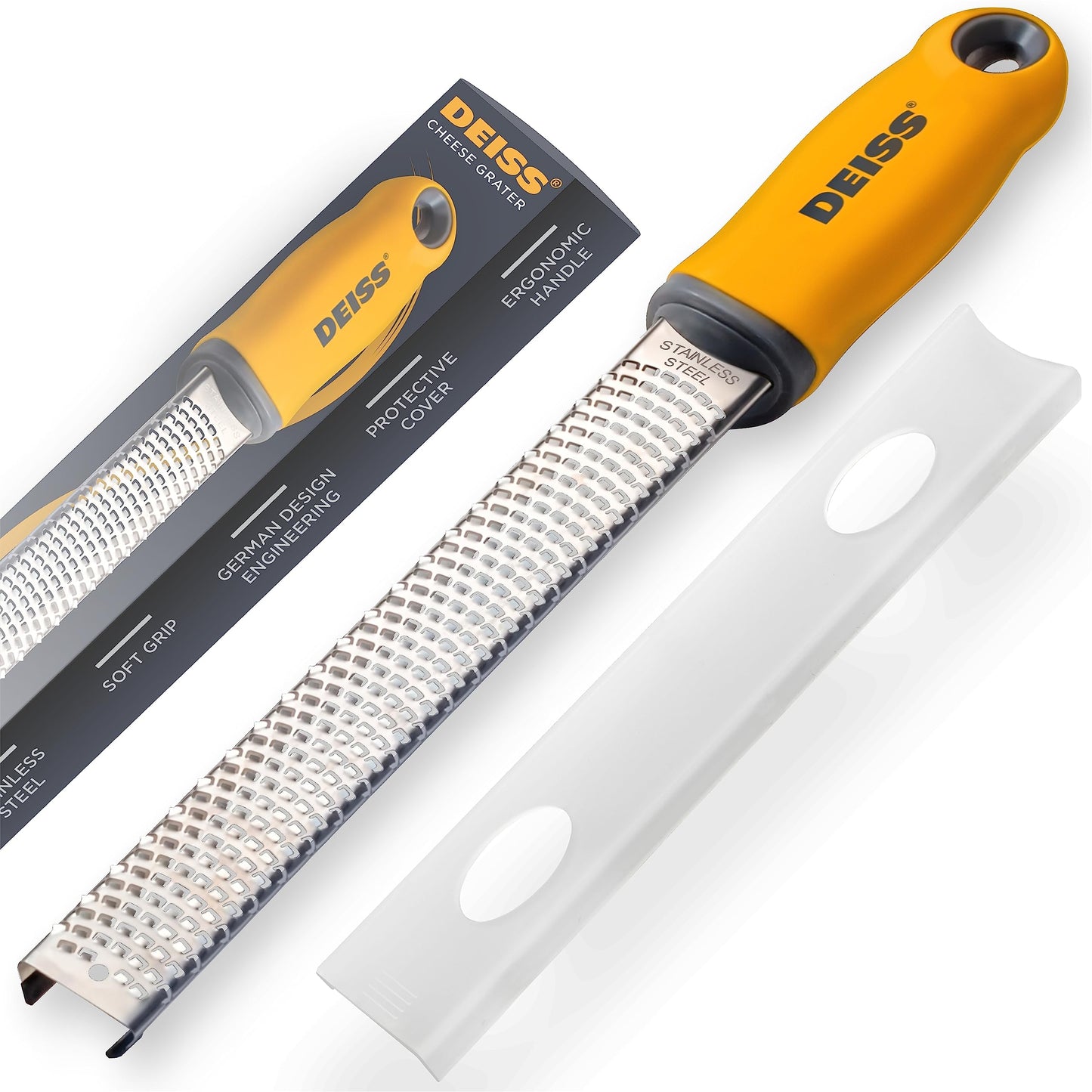 Deiss PRO Citrus Zester & Cheese Grater - Parmesan Cheese Lemon, Ginger, Garlic, Nutmeg, Chocolate, Vegetables, Fruits - Razor-Sharp Stainless Steel Blade, Wide, Dishwasher Safe (BLACK)