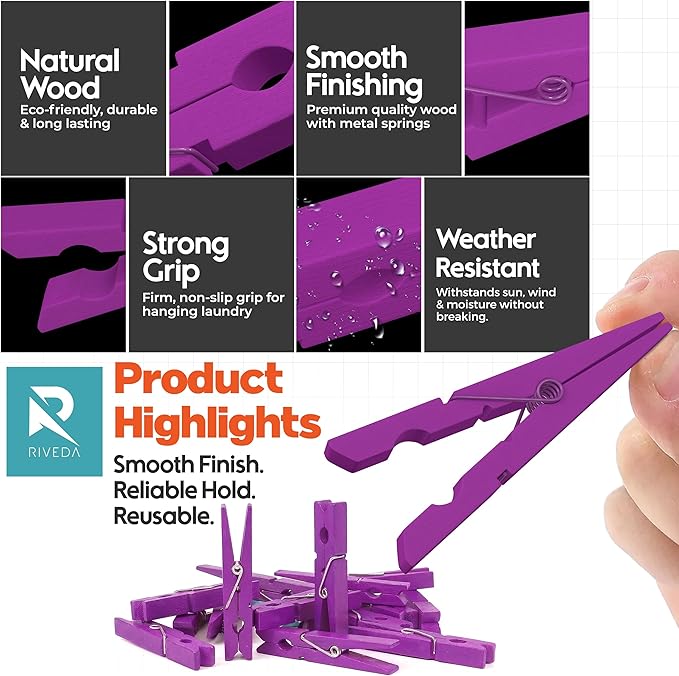 RIVEDA 50pcs Colored Wooden Clothes Pins, 2.9inch, Clothespins for Classroom, Clip Hanging Photos, DIY Clips for Crafts, Decorations (Purple)