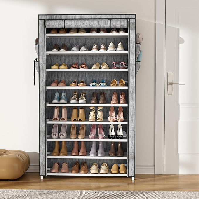 Shoe Rack with Cover Narrow Shoe Organizer with Pockets 10 Tier Tall Shoe Storage Holds 36-41 Pairs Shoes and Boots Shoe Rack for Closet Entryway Garage, Printing