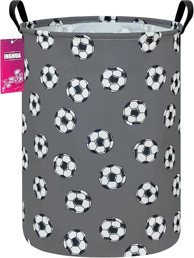 Laundry Hamper Large Canvas Fabric Lightweight Storage Basket/Toy Organizer/Dirty Clothes Collapsible Waterproof for College Dorms, Boys and Girls Bedroom,Bathroom(grey football)