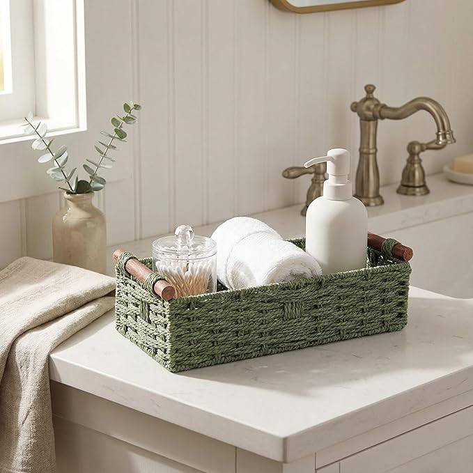 Back of Toilet Basket, Green Wicker Toilet Tank Basket for Toilet Paper Storage (Holds 2 Rolls), Handwoven Paper Rope Bathroom Basket Organizer with Wooden Handles, Basket for Top of Toilet Tank