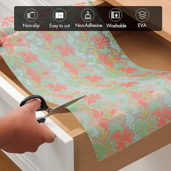 Cooyes Shelf Liner for Kitchen Cabinets – Non-Adhesive Waterproof Drawer Liner – Durable EVA Material Easy-to-Cut Shelf Paper for Refrigerator, Cupboard, Dresser with Modern Pattern