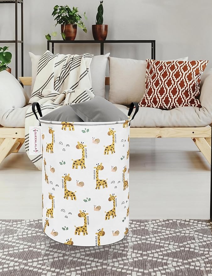 QUEENLALA Large Storage Basket,Laundry Hamper/Bathroom/Home Decor/Collapsible Round Storage Bin,Boys and Girls Hamper/Boxes/Clothing(Round-Yellow Giraffe)