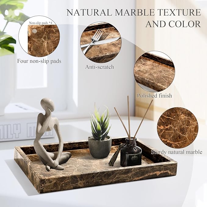 Real Natural Marble Tray for Bathroom, Genuine Marble Stone Vanity Tray, Luxury Storage Trays for Kitchen, Vanity, Home Decor, Dresser, Non-Resin/Non-Ceramic, 12"x 8"x 1.2", Dark Brown