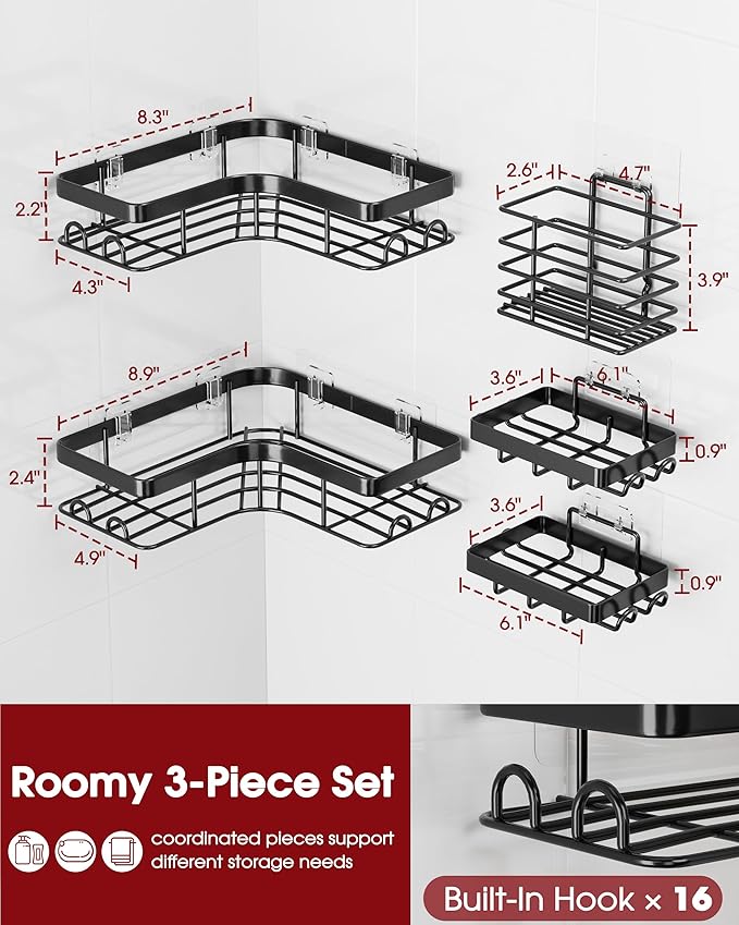 Corner Shower Caddy - 5-Pack Shower Organizer with Soap Holder & Toothbrush Holder, Rustproof Metal Shower Shelves, Laundry, Kitchen, Bathroom Organizers and Storage Solution, Large, Black