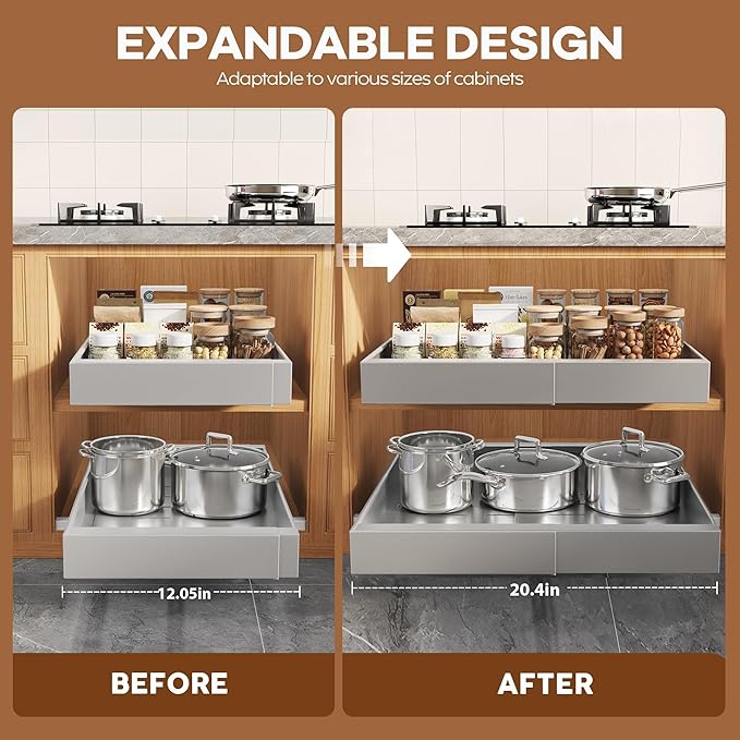 2Pack Expandable Pull Out Cabinet Organizer 21"Deep With Raising Pad for Framed Cabinets, Upgrade 3 Slide Rails Slide Out Drawers,Roll Out Shelves Adhesive,Adjustable Width 12.05"-20.4"Silver