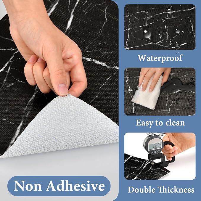 Drawer and Shelf Liner for Kitchen Cabinet: 23 in X 30 Ft Non Slip Waterproof Shelf Paper Non Adhesive Refrigerator Liners Black Marble Easy Liners for Bathroom with Knife Tape Measure