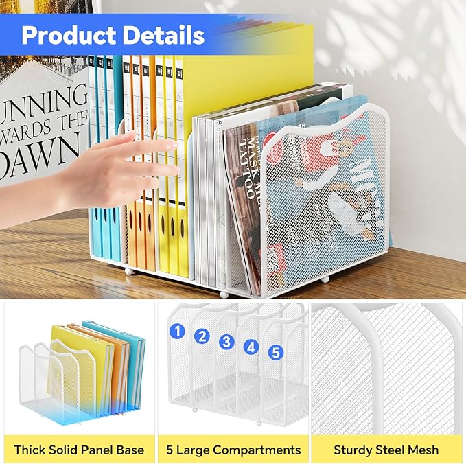 Simple Trending Mesh Desktop File Sorter Organizer, 5-Section Bookshelf for Desk Home Office, White