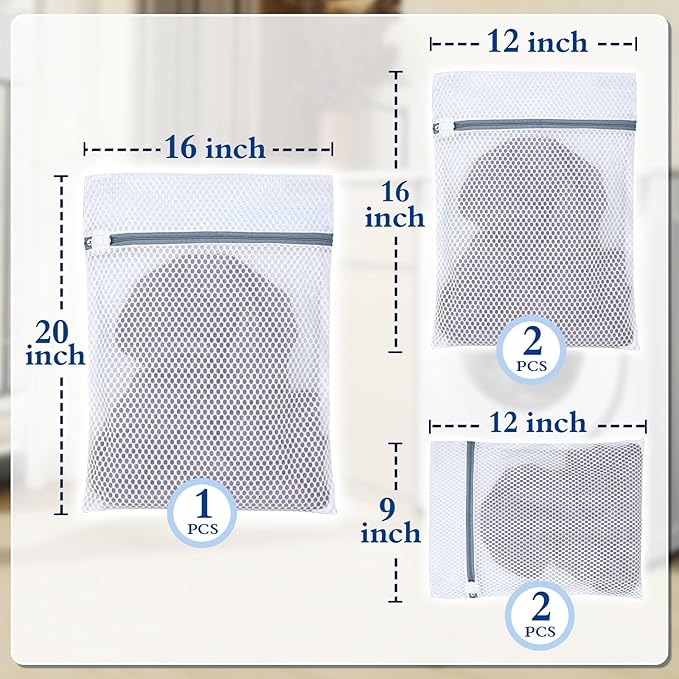 Heavy-Duty Honeycomb Mesh Laundry Bags, 5-Pack (2 Small 9x12, 2 Medium 12x16, 1 Large 16x20) | Delicates Wash Bags for Lingerie & Baby Clothes