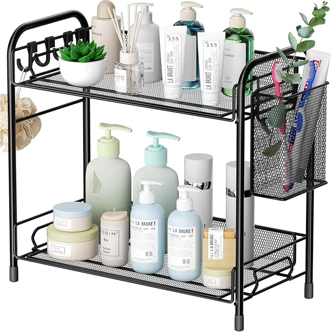 VITVITI Mesh Bathroom Organizer Countertop, 2-Tier Metal Bathroom Counter Organizer and Storage, Vanity Organizer Sink Shelf Kitchen Spice Rack with Basket and Hooks, Black
