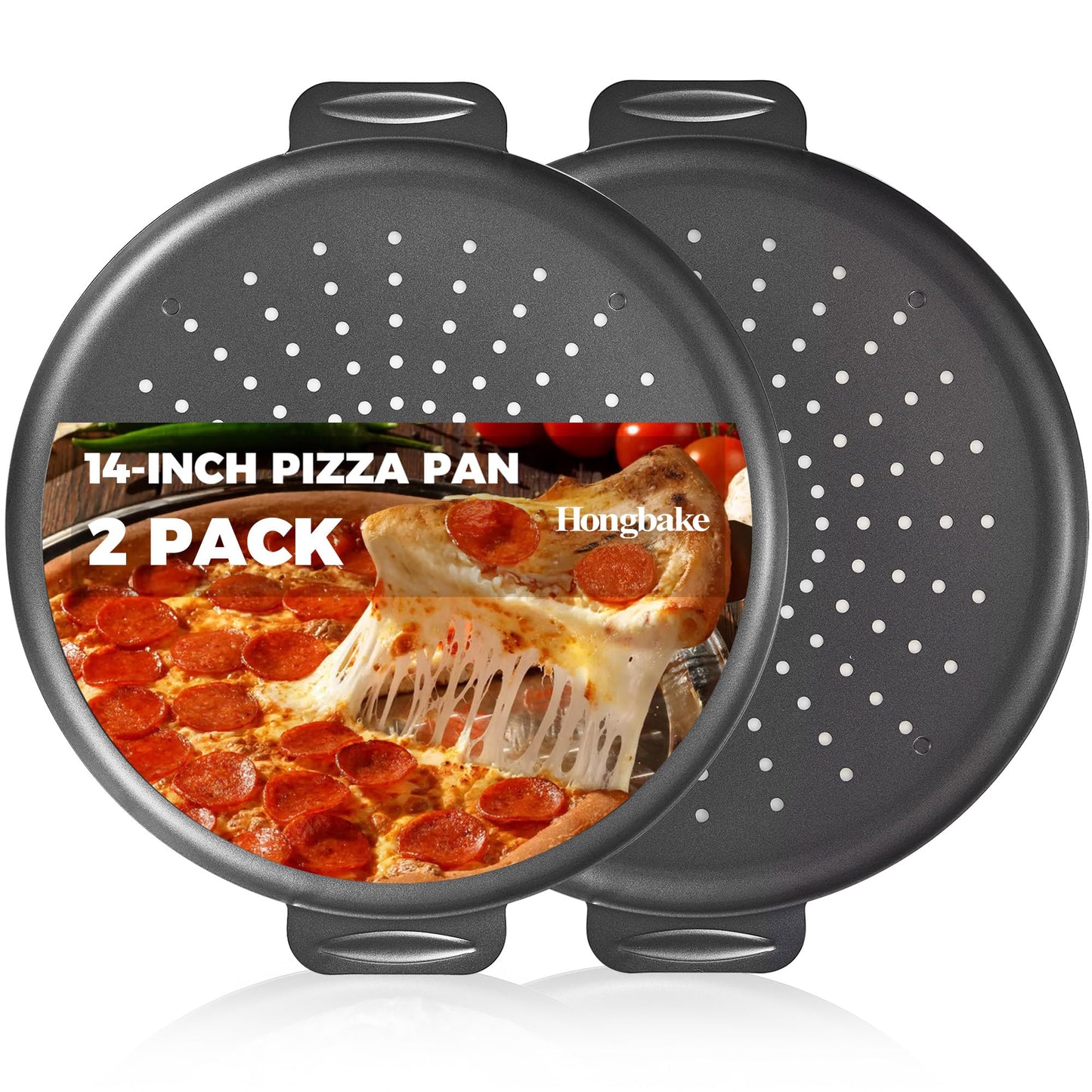 HONGBAKE 2 Pack Pizza Pan with Holes 12 Inch, Nonstick Pizza Tray for Oven with Widen Handles, Hot Air Pizza Crisper Tin, Round Baking Sheet for Frozen & Homemade Pizza, Grey