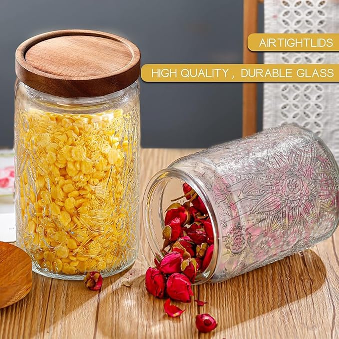 34 OZ Airtight Glass Storage Jar with Bamboo Lid - Vintage Glass Jar Vintage Food Containers Canisters Set for Kitchen Counter & Pantry - Ideal for Sugar, Flour, Coffee, Tea, Candy, Oats -2 Pack