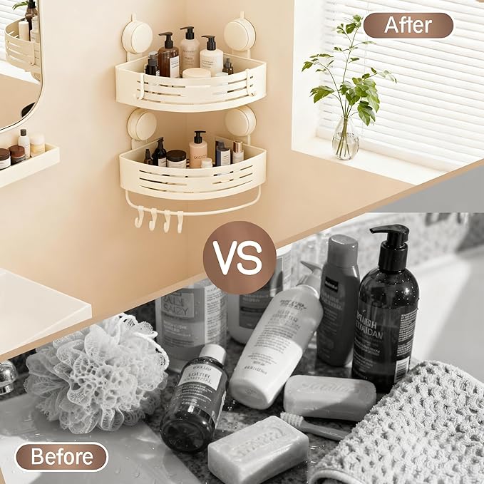 Corner Suction Cup Shower Caddy(2-Pack Cream White),No-Drilling Aluminum Shower Shelf with Towel Bar & Hooks,Removable Bathroom and Kitchen Storage Organizer