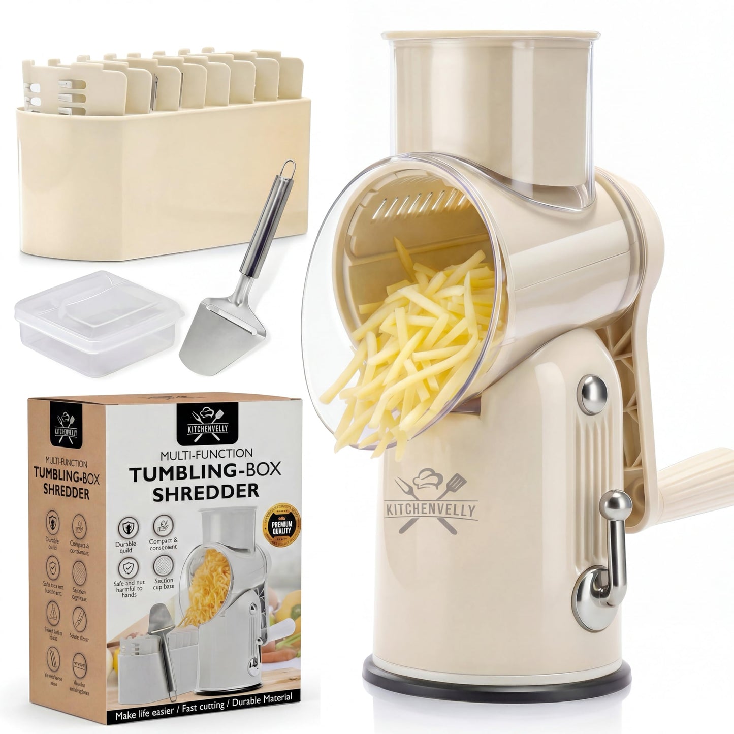 Kitchenvelly Rotary Cheese Grater Hand Crank, 5 in 1 Vegetable Slicer, Manual Cheese Shredder with Stainless Steel Blades, Food Grater for Cheese Vegetables Nuts, Suction Base, Easy Clean, Green