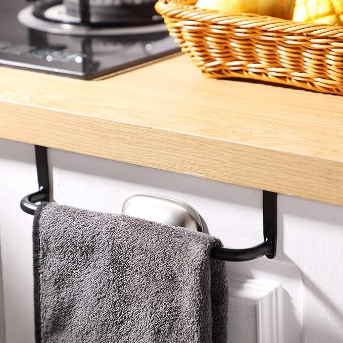 2 Pieces Metal Towel Bar Kitchen Cabinet Steel Towel Rack Bar for Hanging on Inside or Outside of Doors, Home Kitchen Bathroom(Black)
