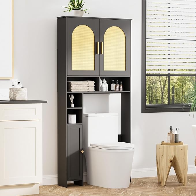 Homhedy 67" H Over The Toilet Storage Cabinet, Boho Bathroom Organizer with Rattan Decorated Doors, Adjustable Shelves, Toilet Paper Holder, Space-Saving Bathroom Shelf, Natural and Black