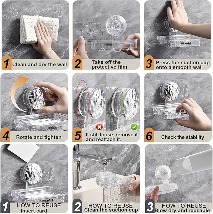 Soap Dish Holder Suction Cup, Wall Mounted Self Draining Soap Case & Sponge Rack, No Drilling Suction Bar Soap Holder for Bathroom, Kitchen Sink