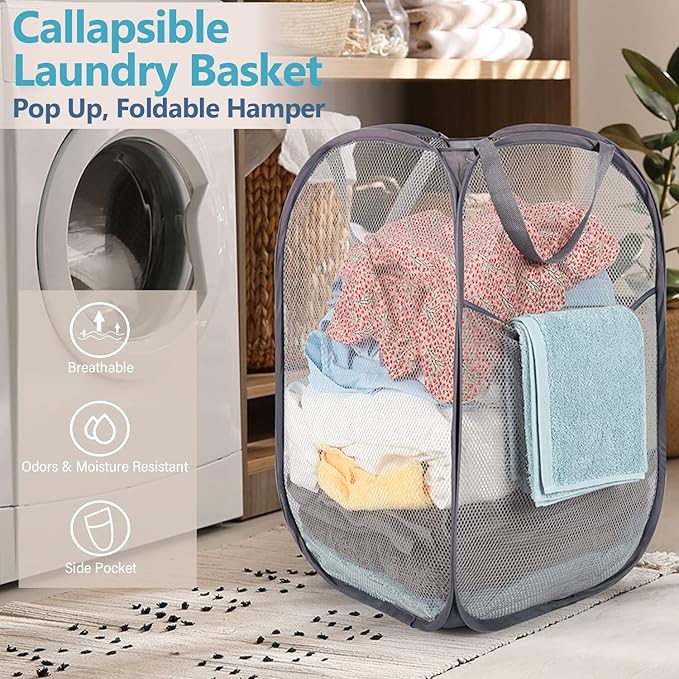 BATTOO Deluxe Strong Mesh Pop up Laundry Hamper Basket with Side Pocket for Laundry Room, Bathroom, Kids Room, College Dorm or Travel 2 x Grey