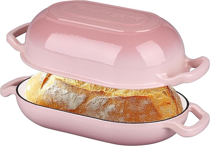 VORRINGARD Enameled Cast Iron Sourdough Bread Oven, Dutch Oven, Loaf Cast Iron Bread Pan for Homemade Bread Baking, Meatloaf Pan with Lid, 7QT, Pink