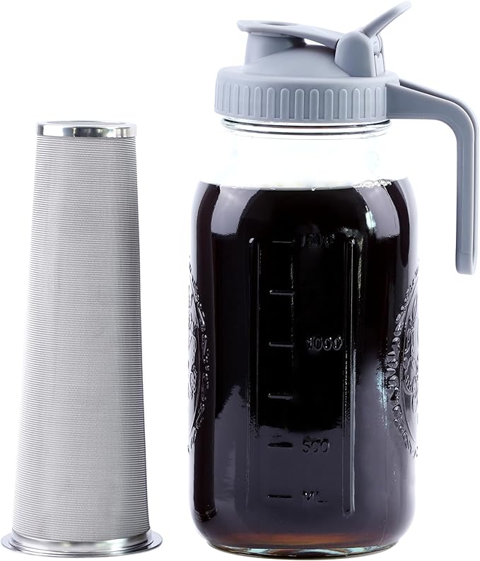 Cold Brew Coffee Maker 32 Oz Mason Jar Cold Brew Pitcher With Strainer 1 Quart Wide Mouth Glass Iced Coffee Maker With Spout Lids Glass Pitcher For Fridge, Sun Tea, Lemonade, Cold Brew
