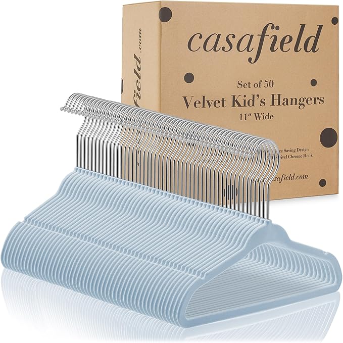 Casafield 50 Velvet Baby Hangers - 11" Size for Infant & Toddler Clothes - Light Blue