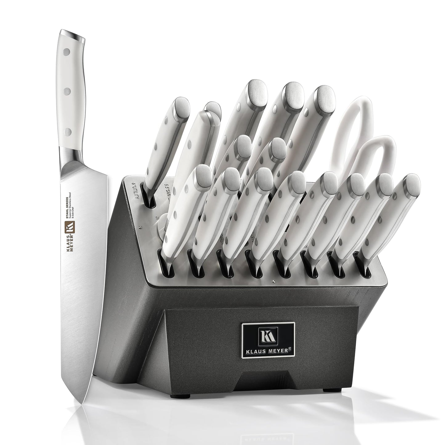 Klaus Meyer Stahl 19-Piece German Steel Kitchen Knife Block Set (White)